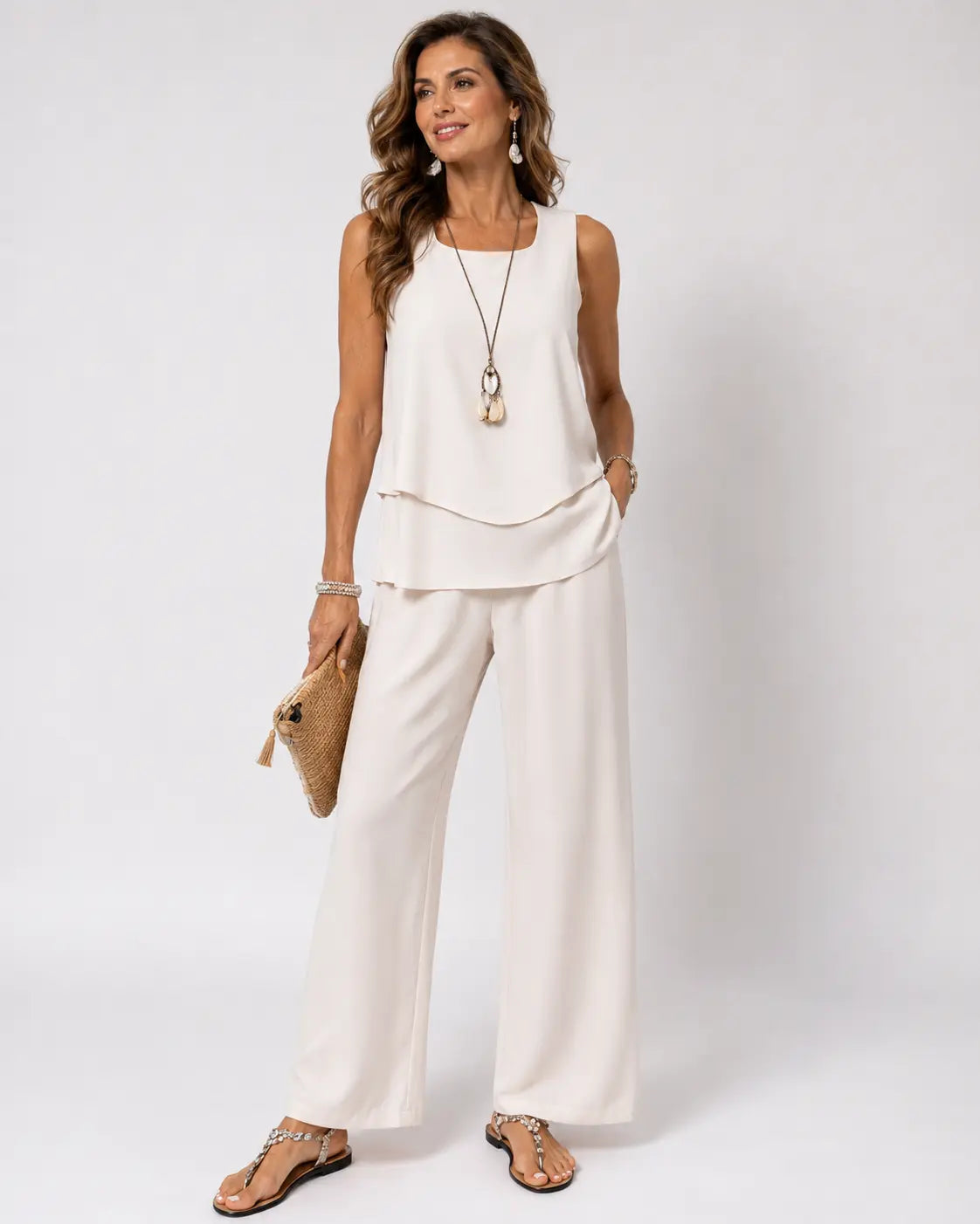 Leandra™ | Cream Satin Finish Layered Top and Trousers Set