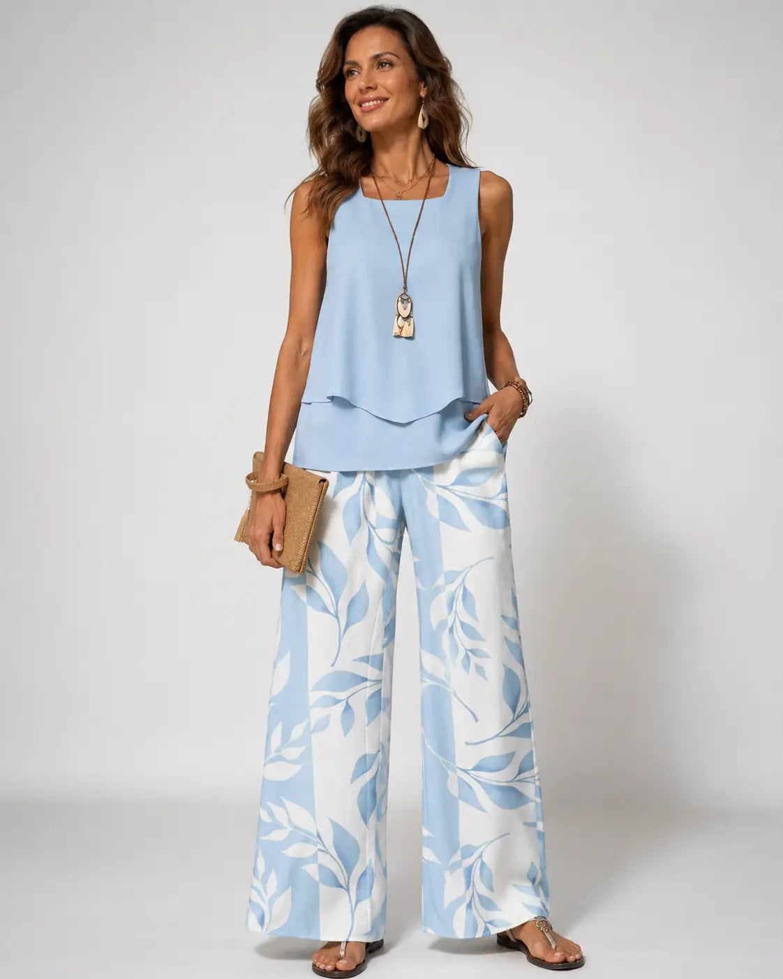 Olalla™ | Light Blue Botanical Blouse and Trousers Set