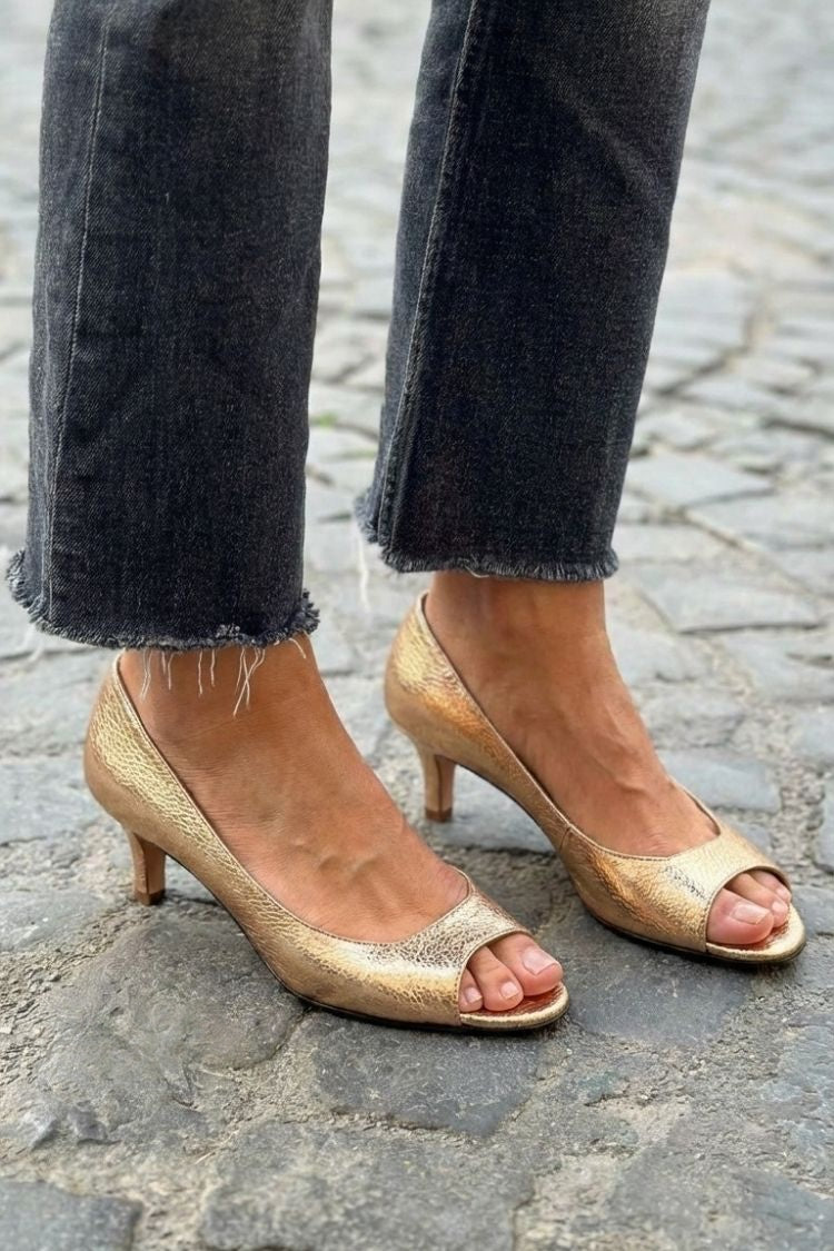 Chic Champagne Gold Metallic Kitten Peep Toe Heels
