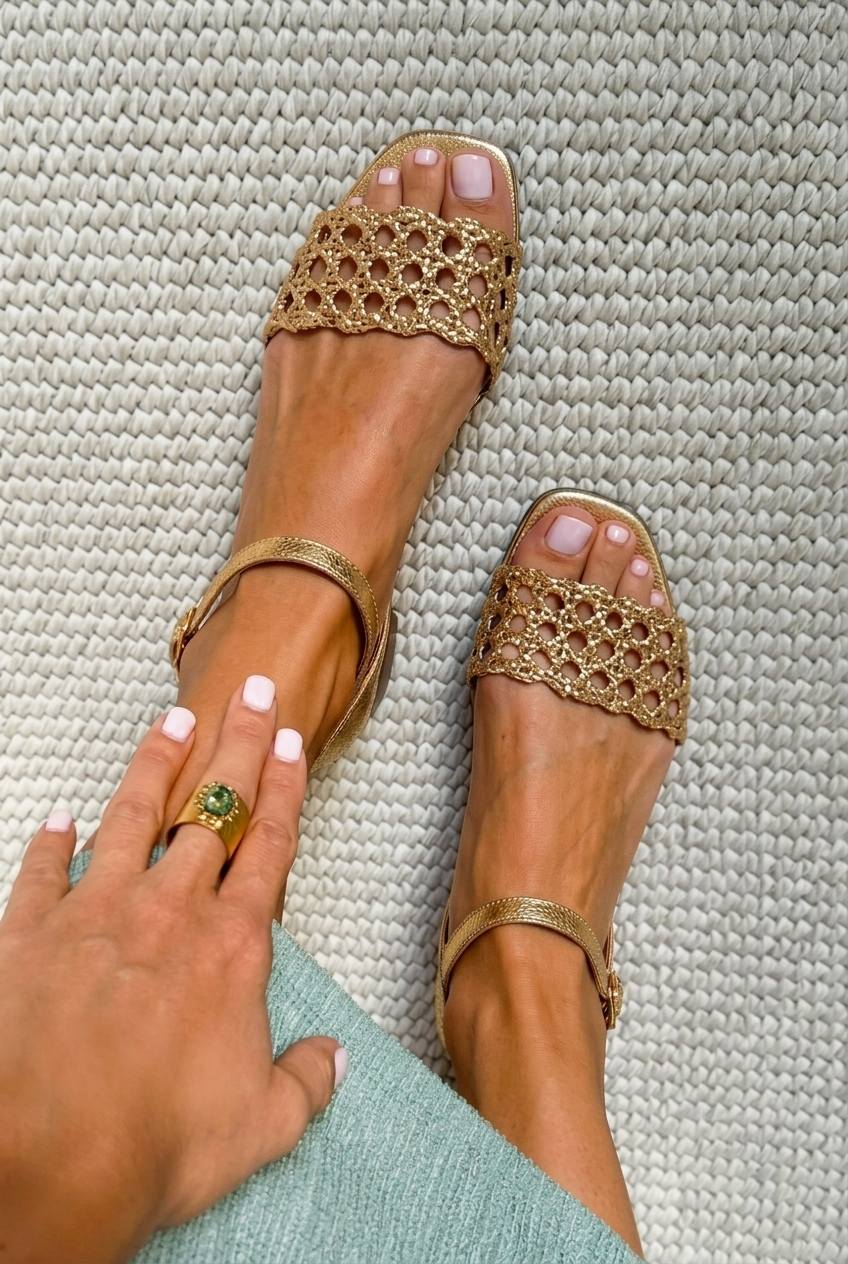 Chic Low Metallic Woven Sandals in Gold with Square Toe