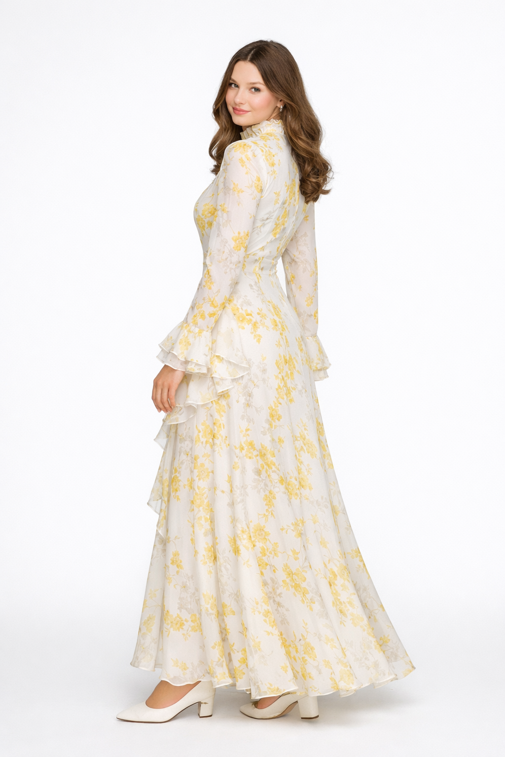 Elisabeth | Beige Asymmetrical Maxi Dress in Chiffon with Roll Neck and Oil Painting Print