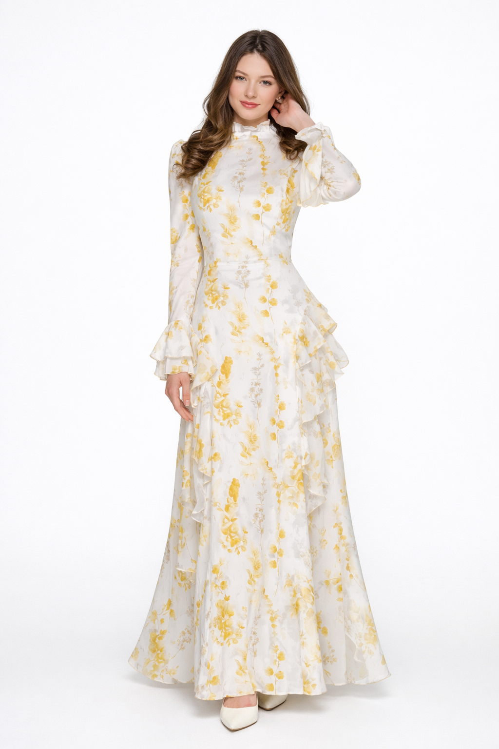 Elisabeth | Beige Asymmetrical Maxi Dress in Chiffon with Roll Neck and Oil Painting Print