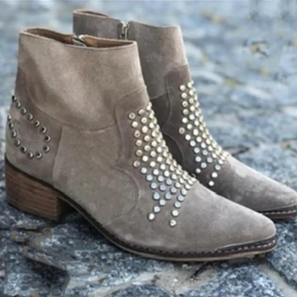Chunky Suede Pointed Toe Ankle Boots with Studs