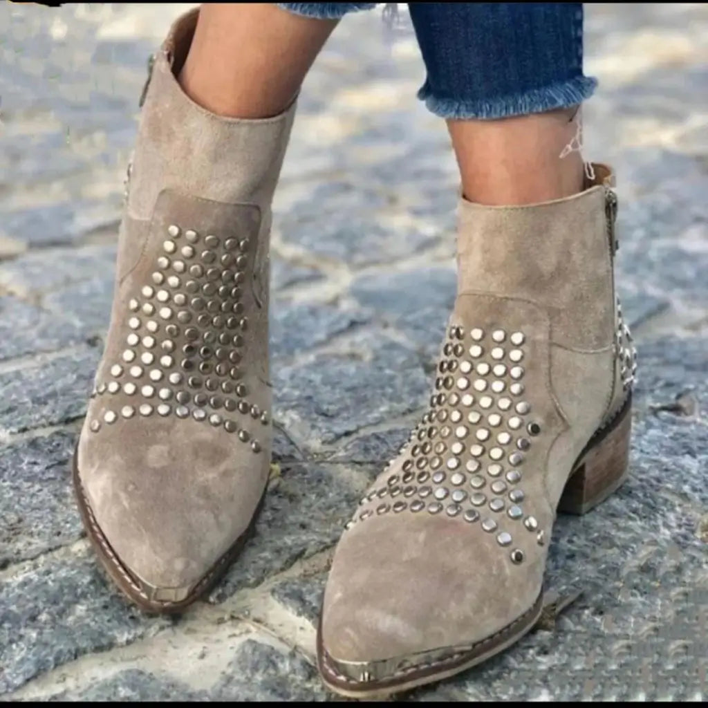 Chunky Suede Pointed Toe Ankle Boots with Studs