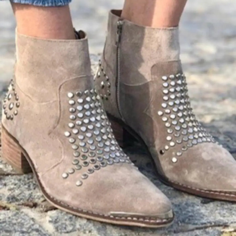 Chunky Suede Pointed Toe Ankle Boots with Studs