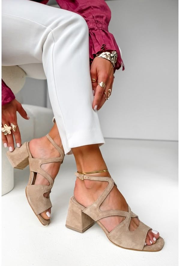 Beige suede block heels with ankle strap