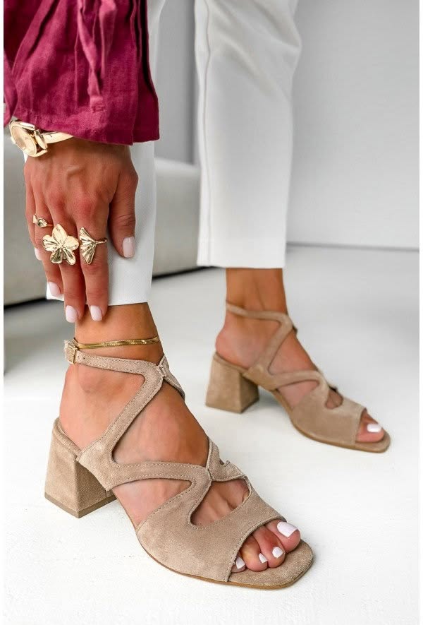 Beige suede block heels with ankle strap