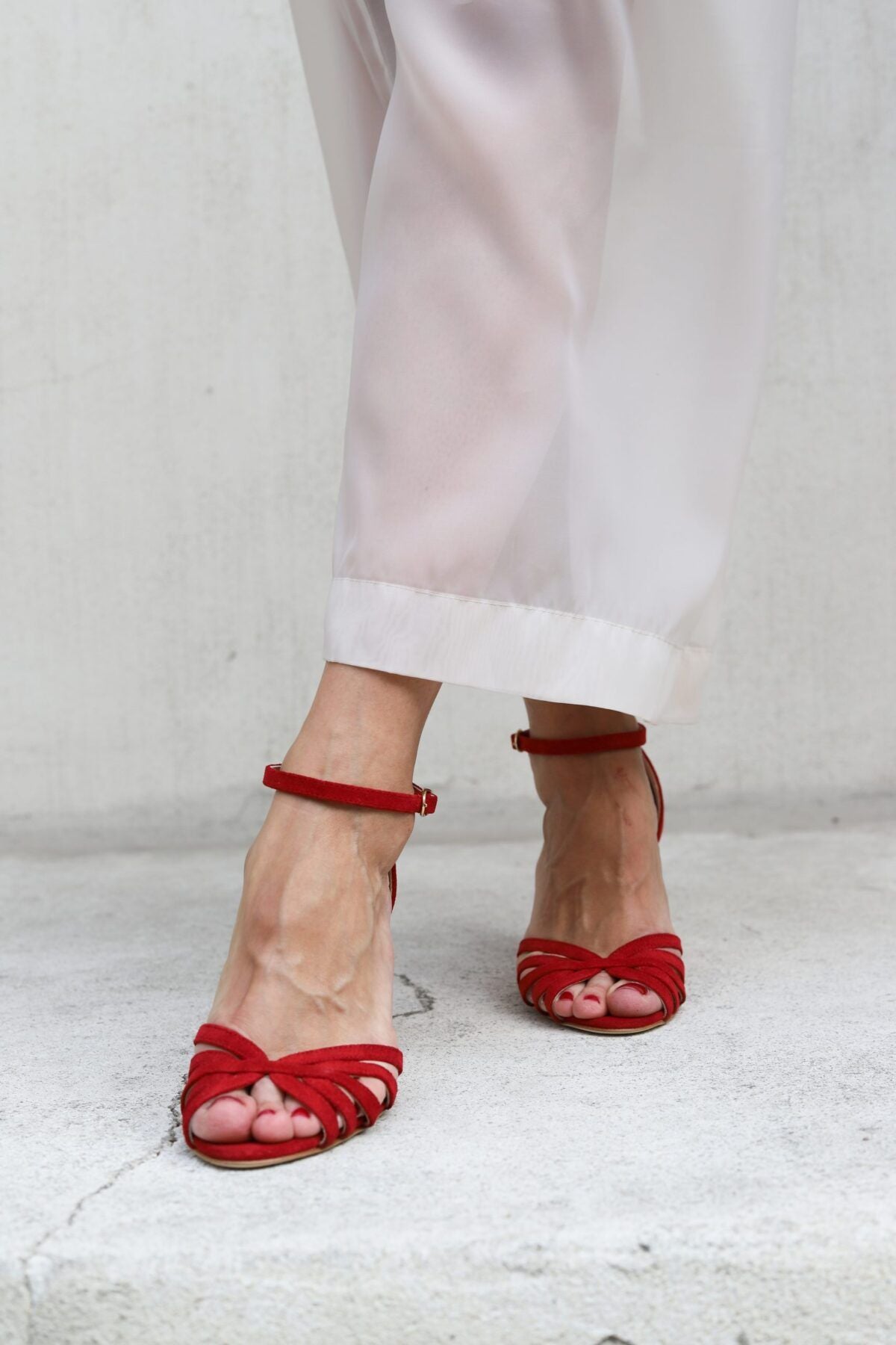 Red Suede Open-Toe Sandals with Crossed Straps