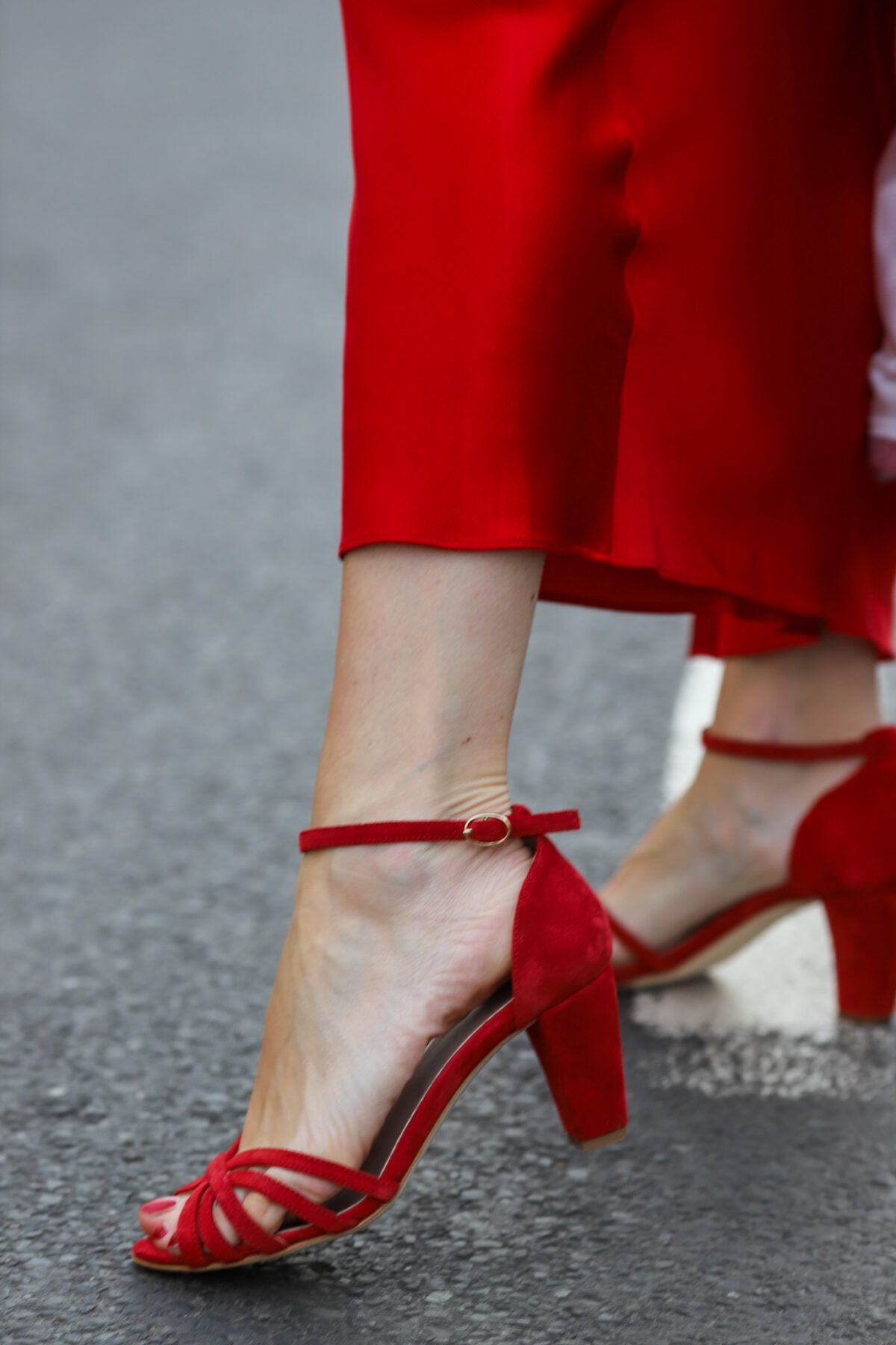 Red Suede Open-Toe Sandals with Crossed Straps