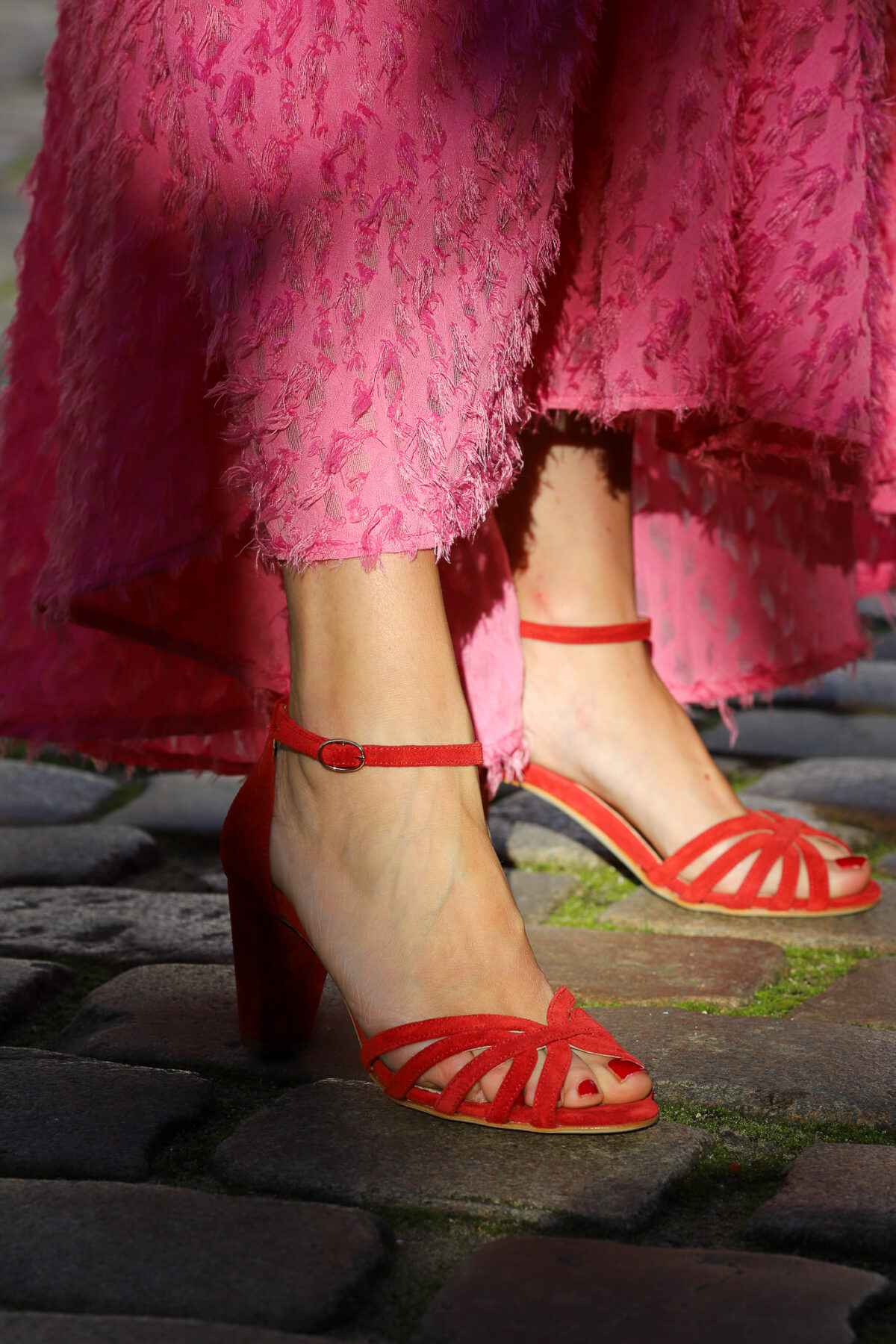 Red Suede Open-Toe Sandals with Crossed Straps