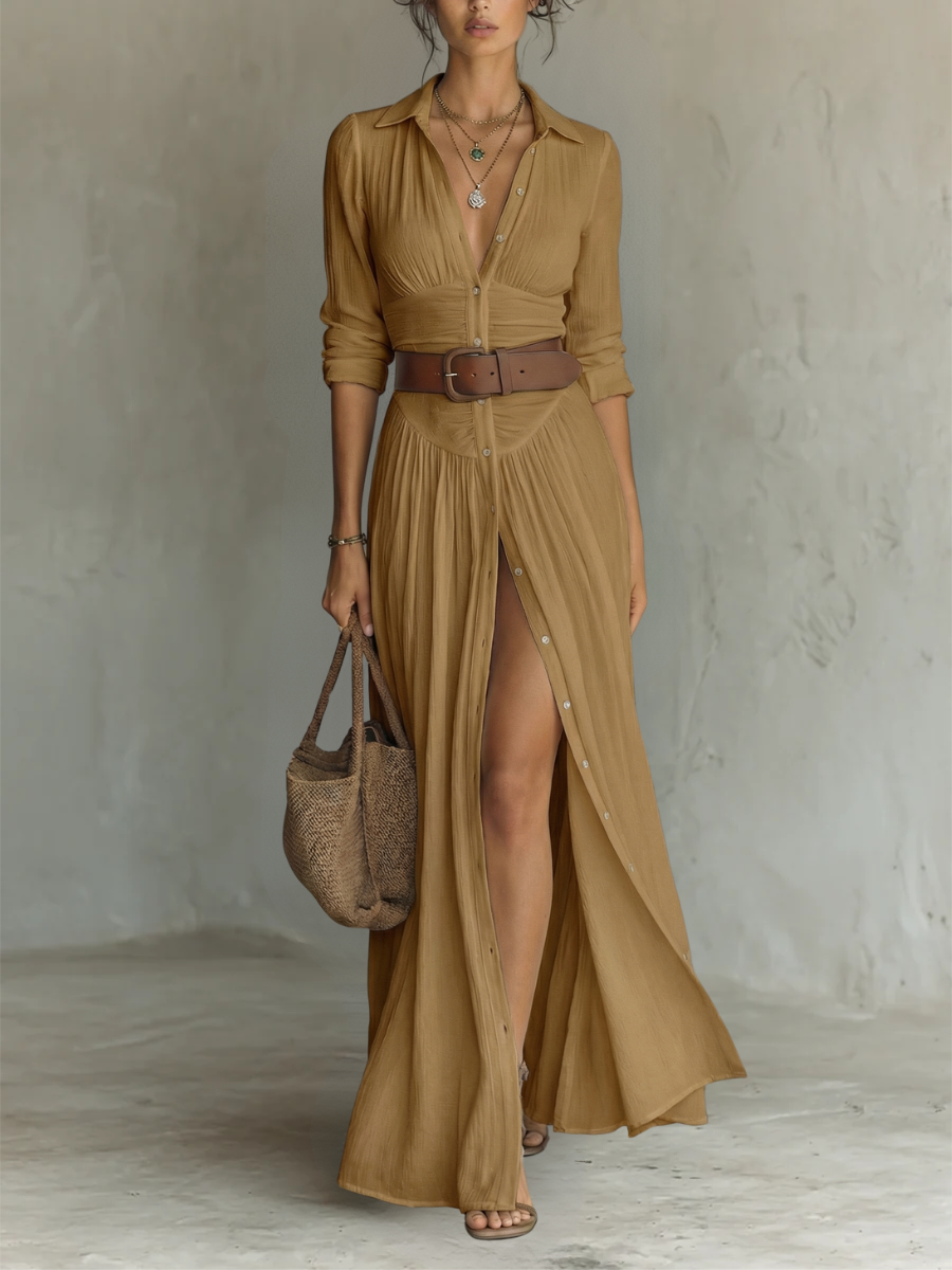 Cecilia - Long Dress with Notched Lapels and Long Sleeves