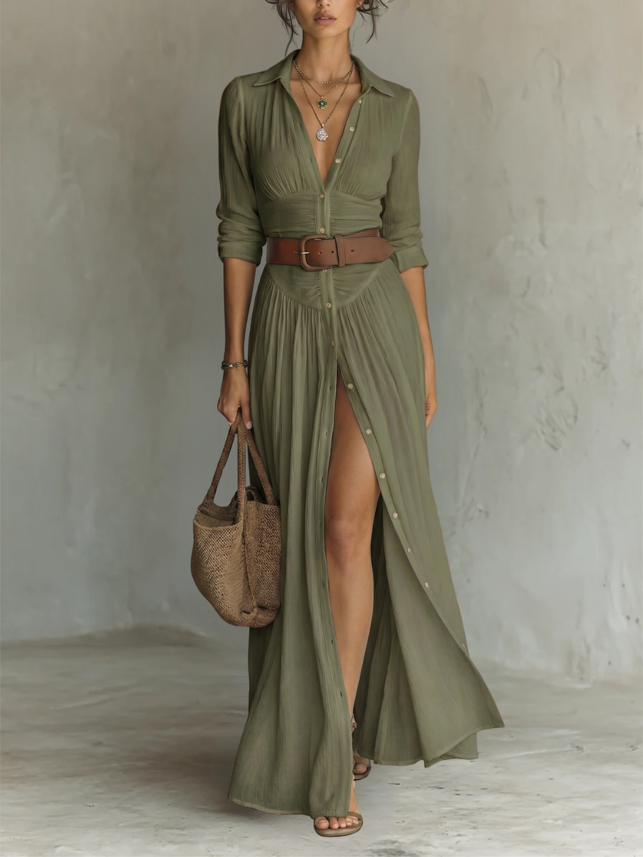 Cecilia - Long Dress with Notched Lapels and Long Sleeves