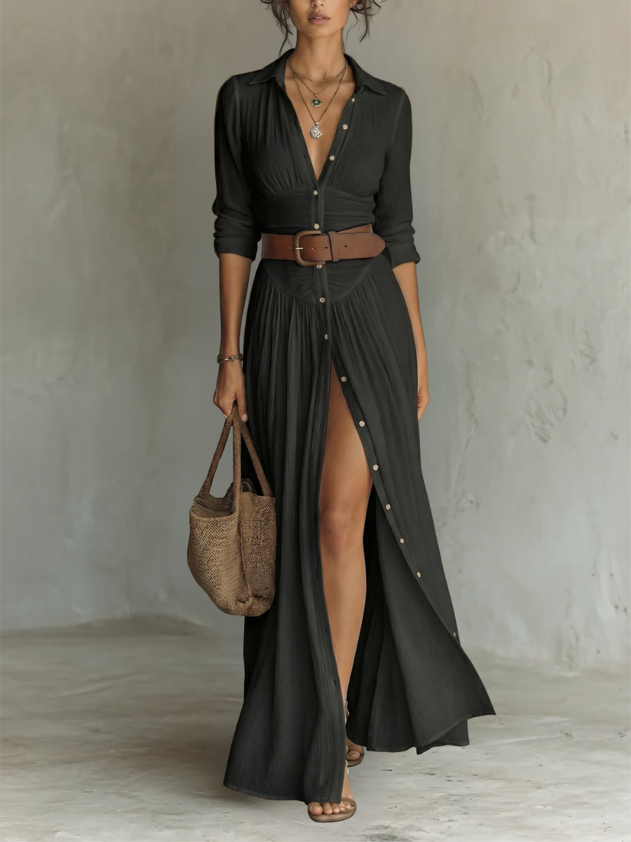 Cecilia - Long Dress with Notched Lapels and Long Sleeves