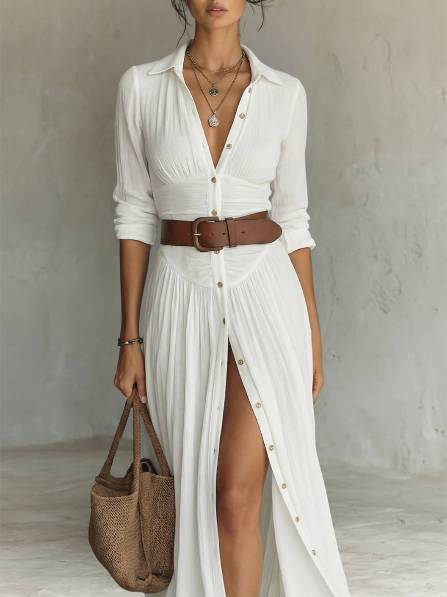 Cecilia - Long Dress with Notched Lapels and Long Sleeves
