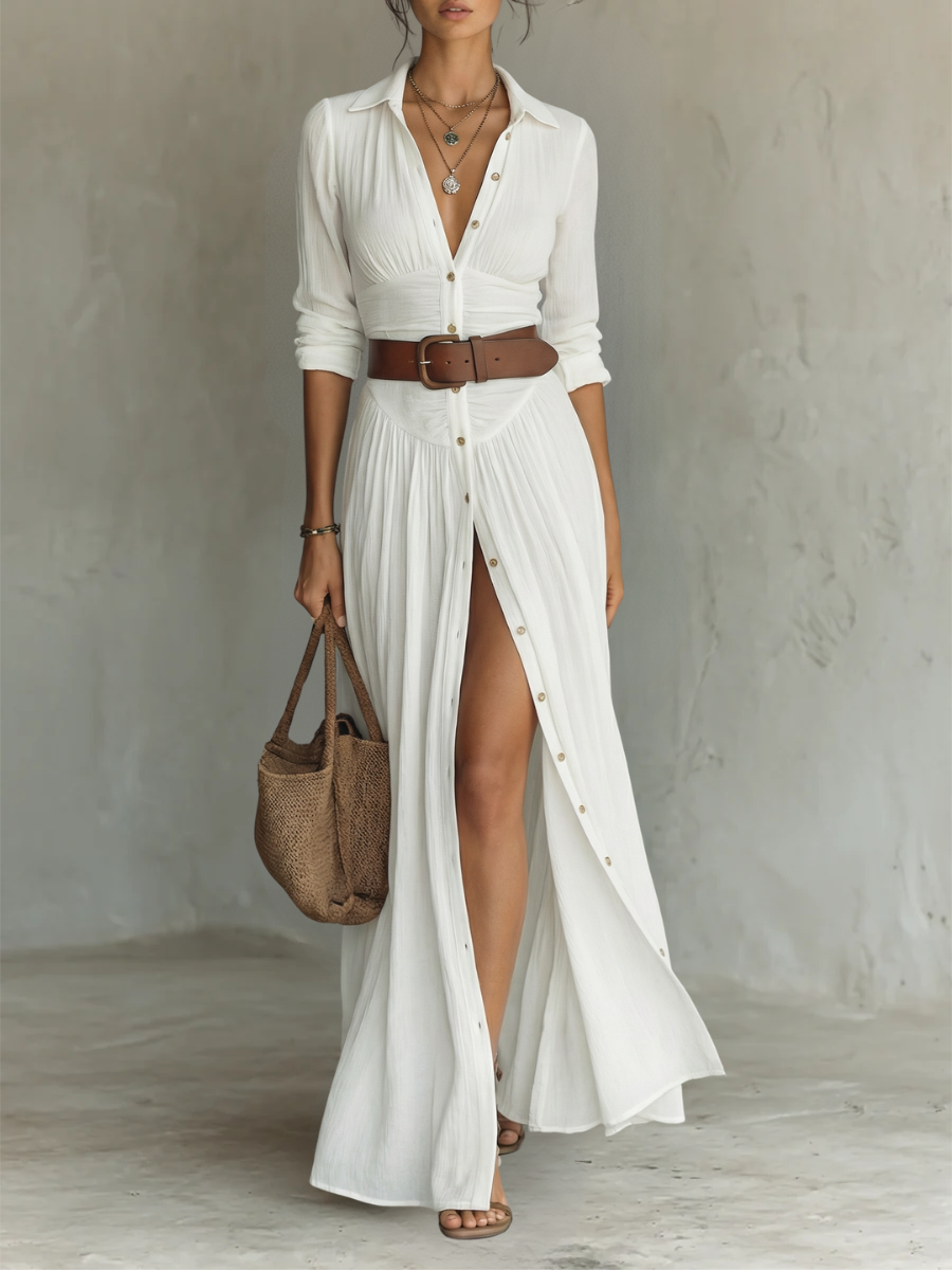 Cecilia - Long Dress with Notched Lapels and Long Sleeves