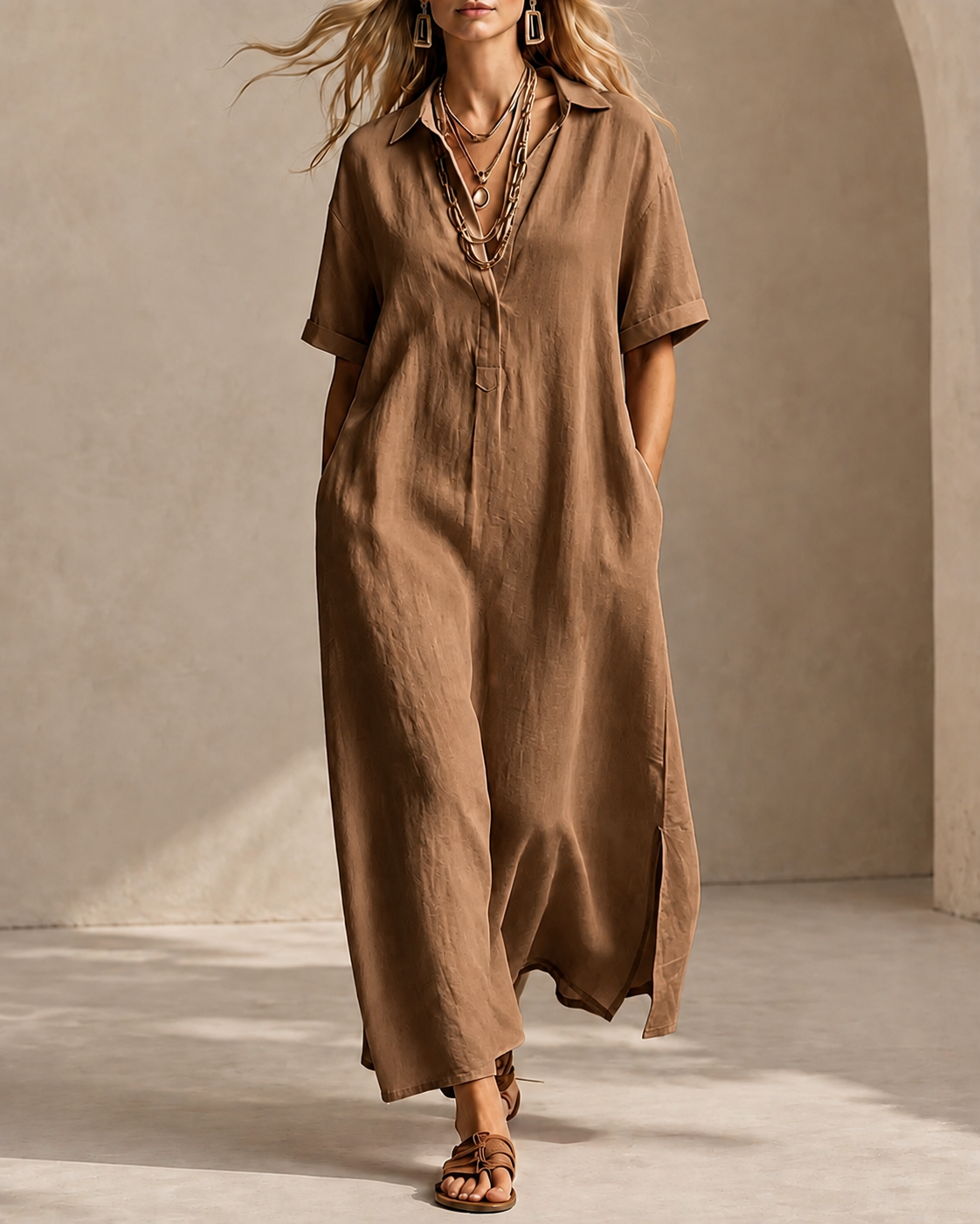 Casual Loose Collared Short Sleeve Long Dress