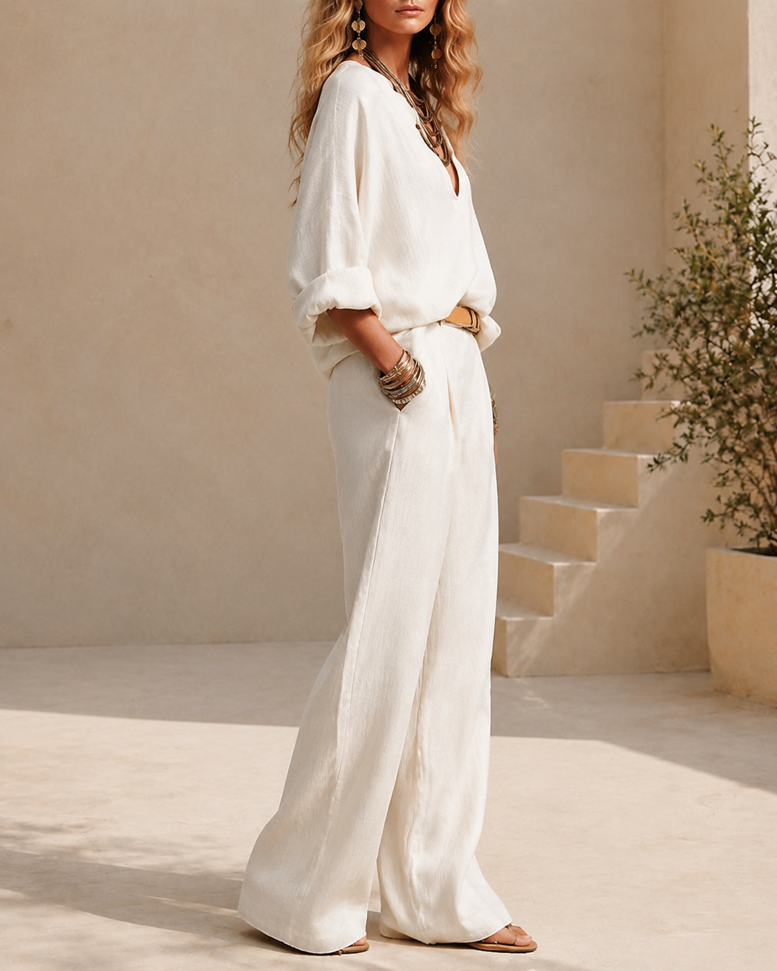 Casual V-Neck Wide Leg Two-Piece Set