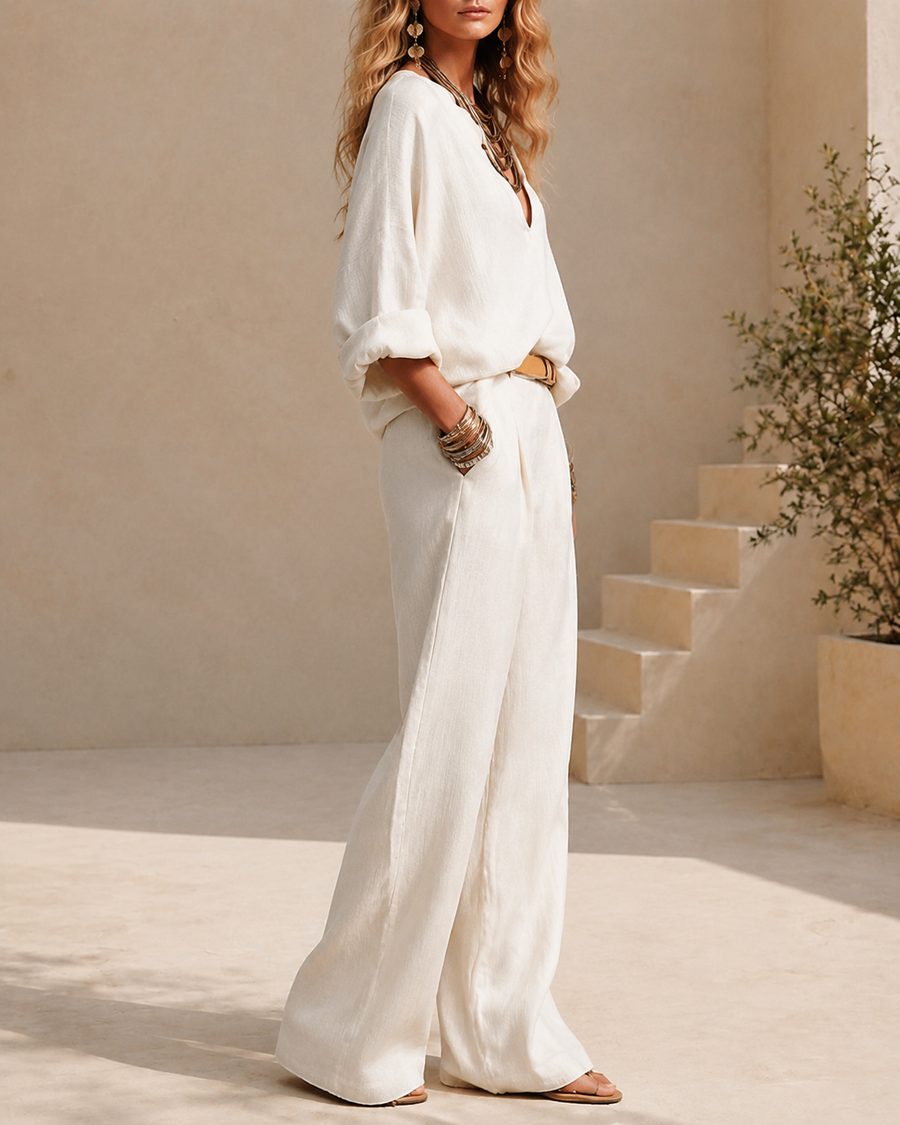 Casual V-Neck Wide Leg Two-Piece Set