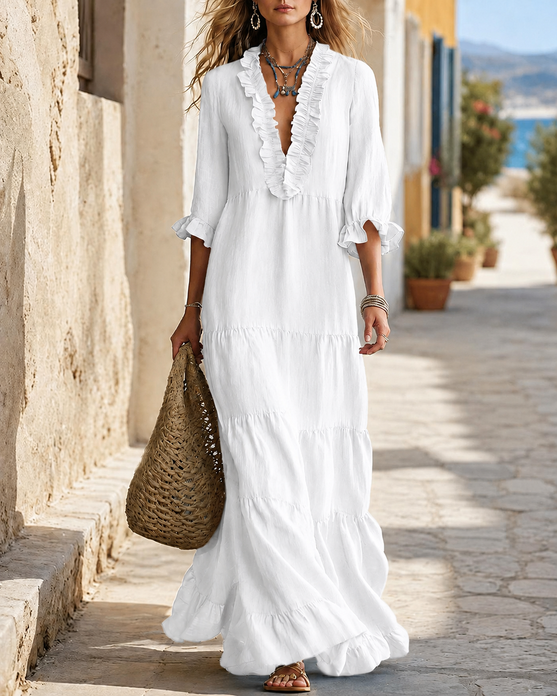 Bohemian Deep V Ruffle Casual Long Dress