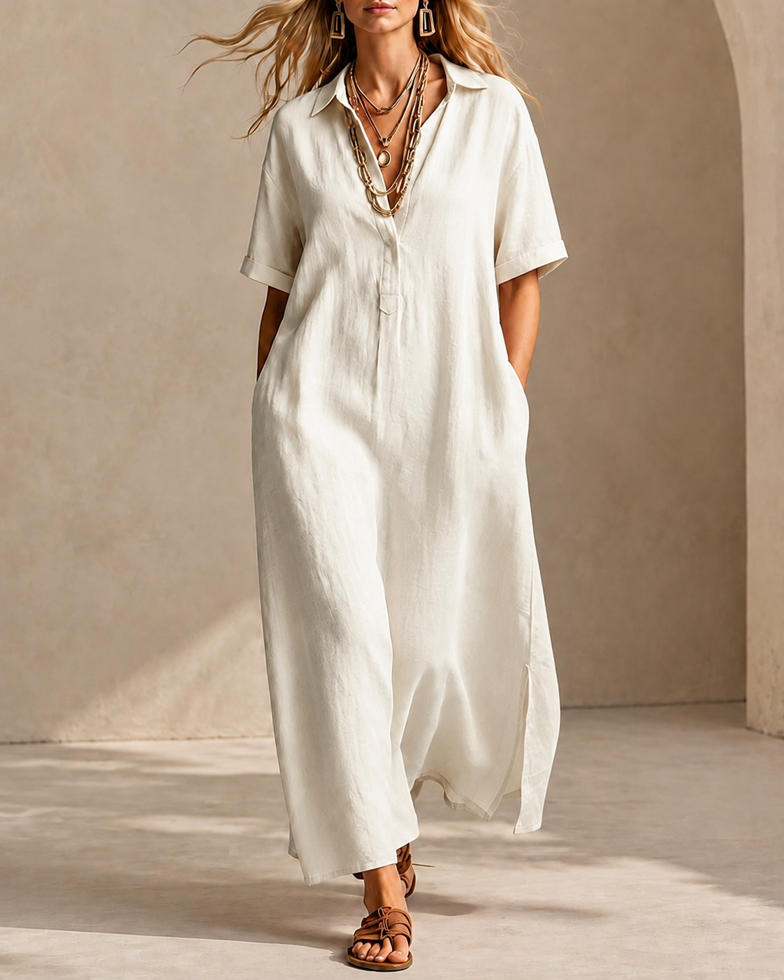 Casual Loose Collared Short Sleeve Long Dress