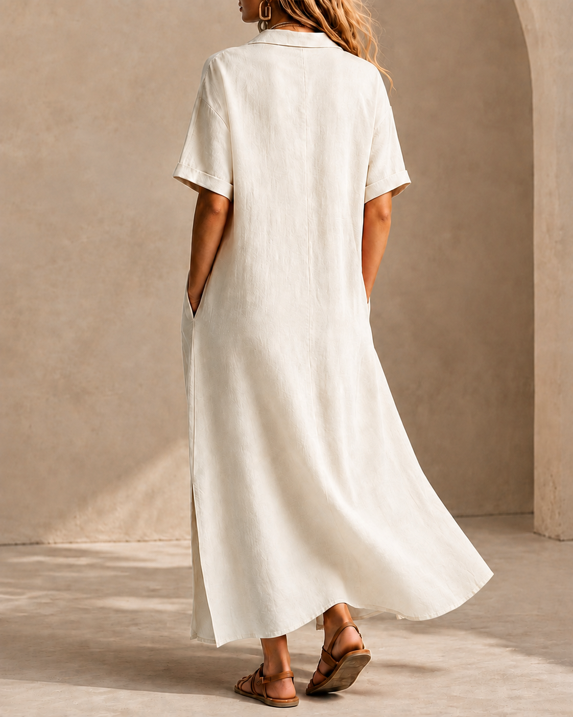 Casual Loose Collared Short Sleeve Long Dress