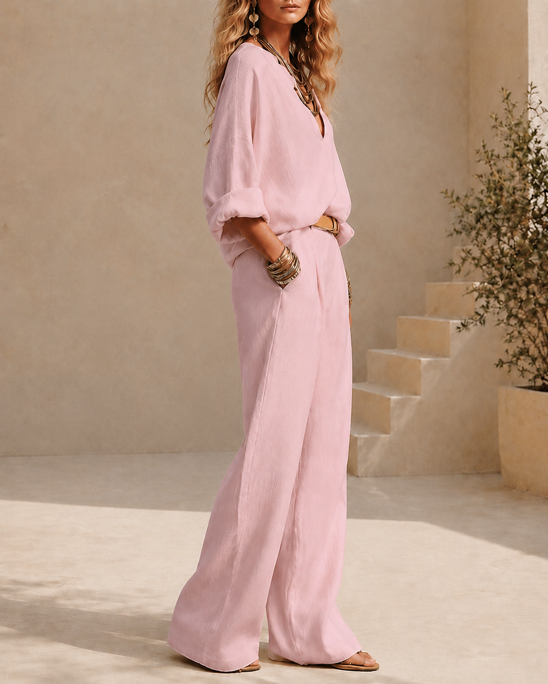 Casual V-Neck Wide Leg Two-Piece Set