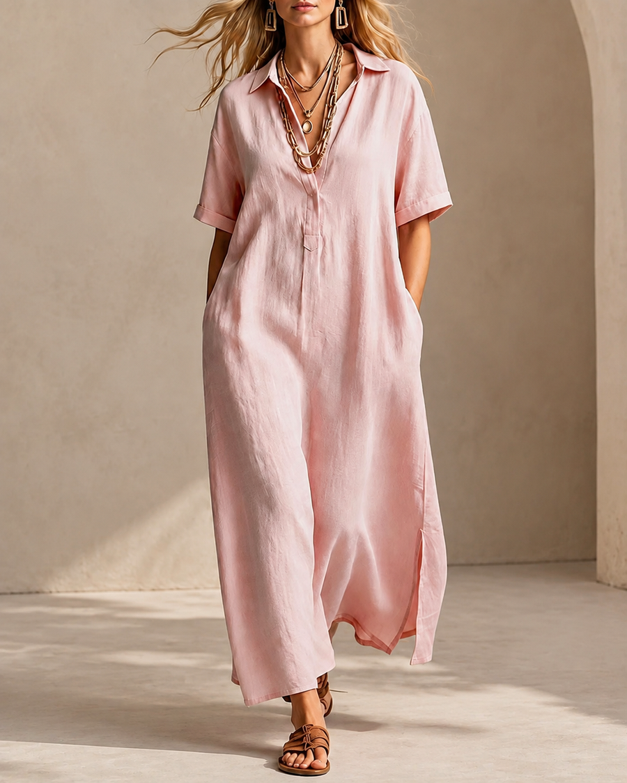 Casual Loose Collared Short Sleeve Long Dress