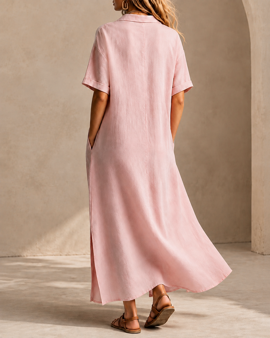 Casual Loose Collared Short Sleeve Long Dress