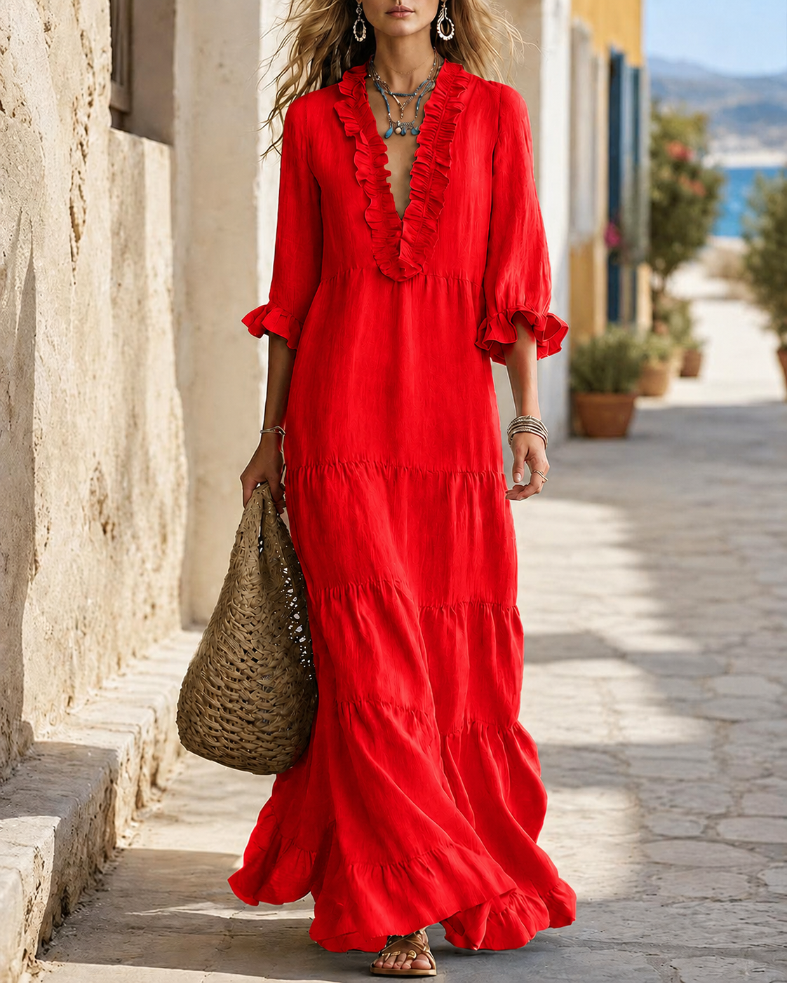 Bohemian Deep V Ruffle Casual Long Dress