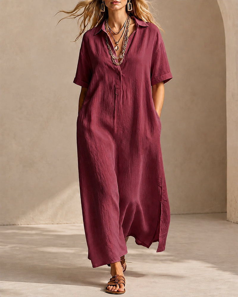 Casual Loose Collared Short Sleeve Long Dress