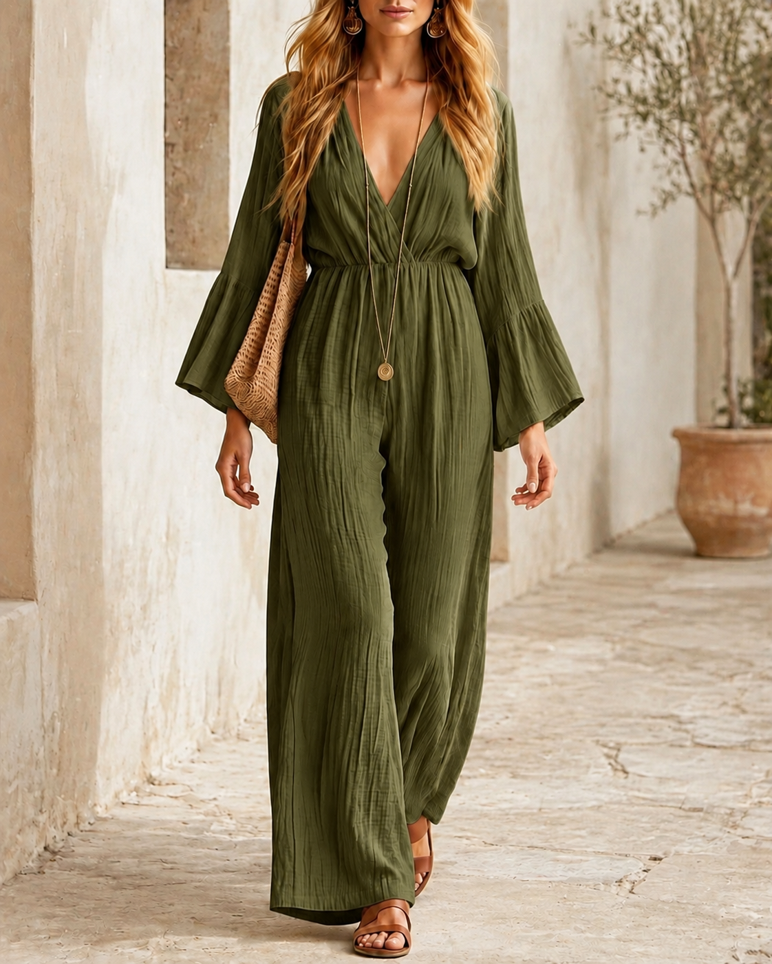 Relaxed V-Neck Wide Leg Jumpsuit