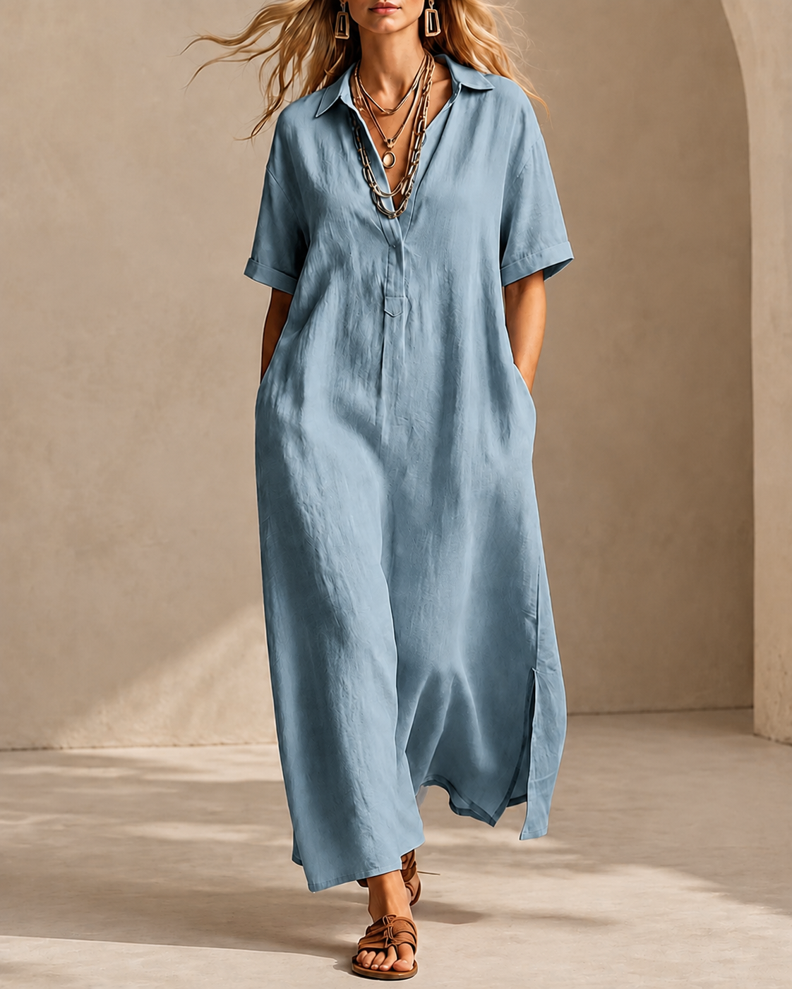 Casual Loose Collared Short Sleeve Long Dress