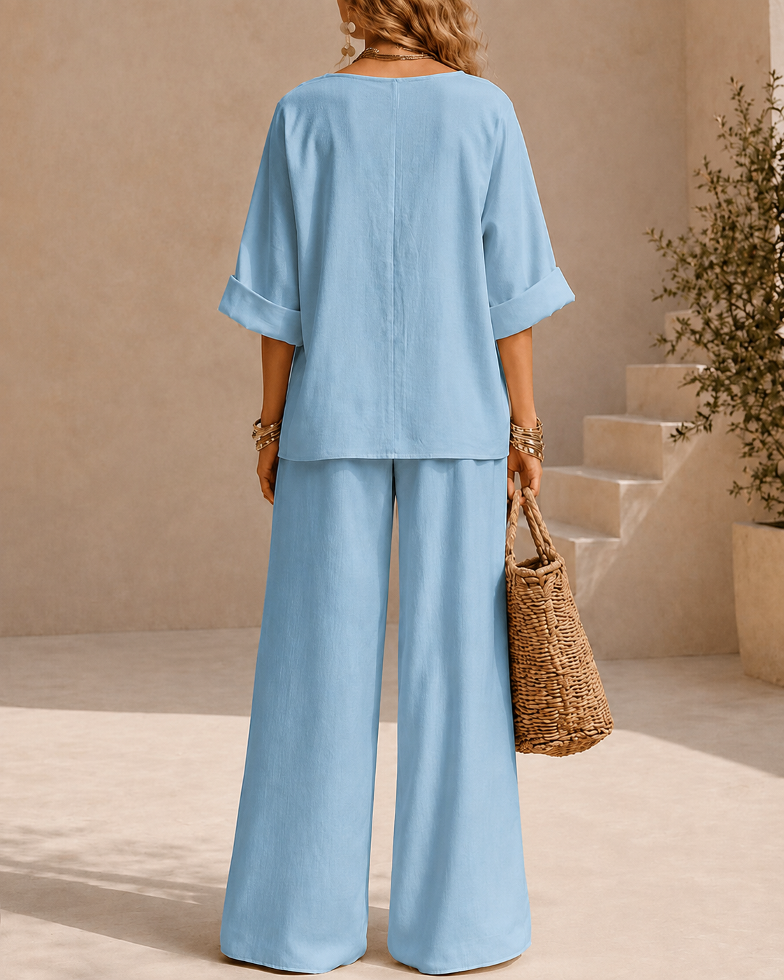 Casual V-Neck Wide Leg Two-Piece Set