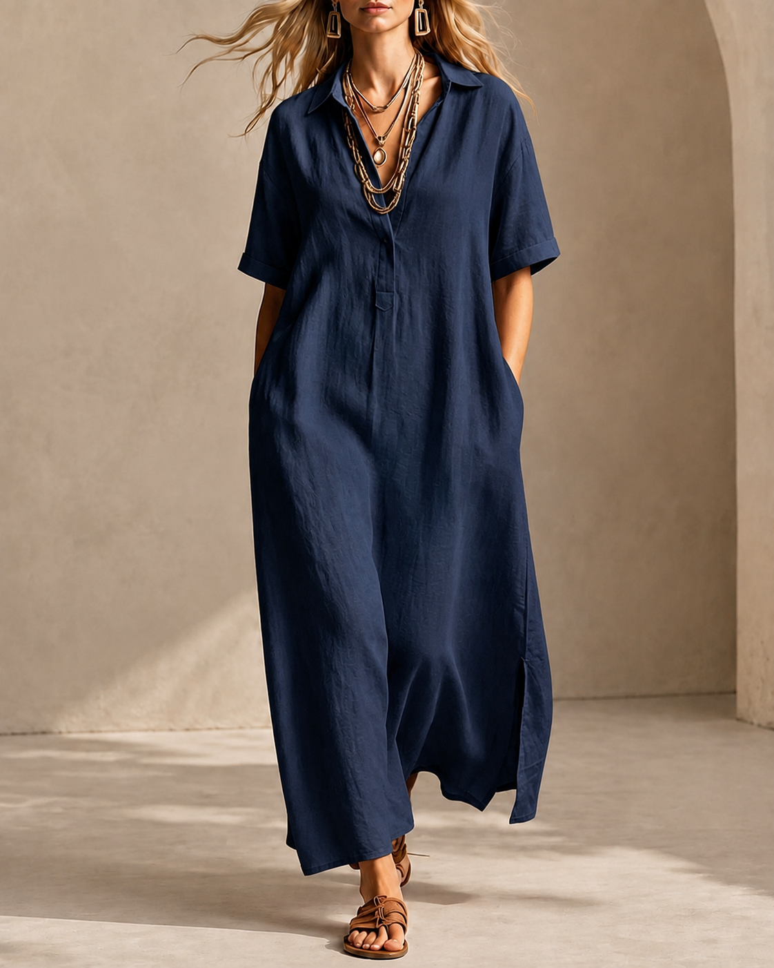 Casual Loose Collared Short Sleeve Long Dress