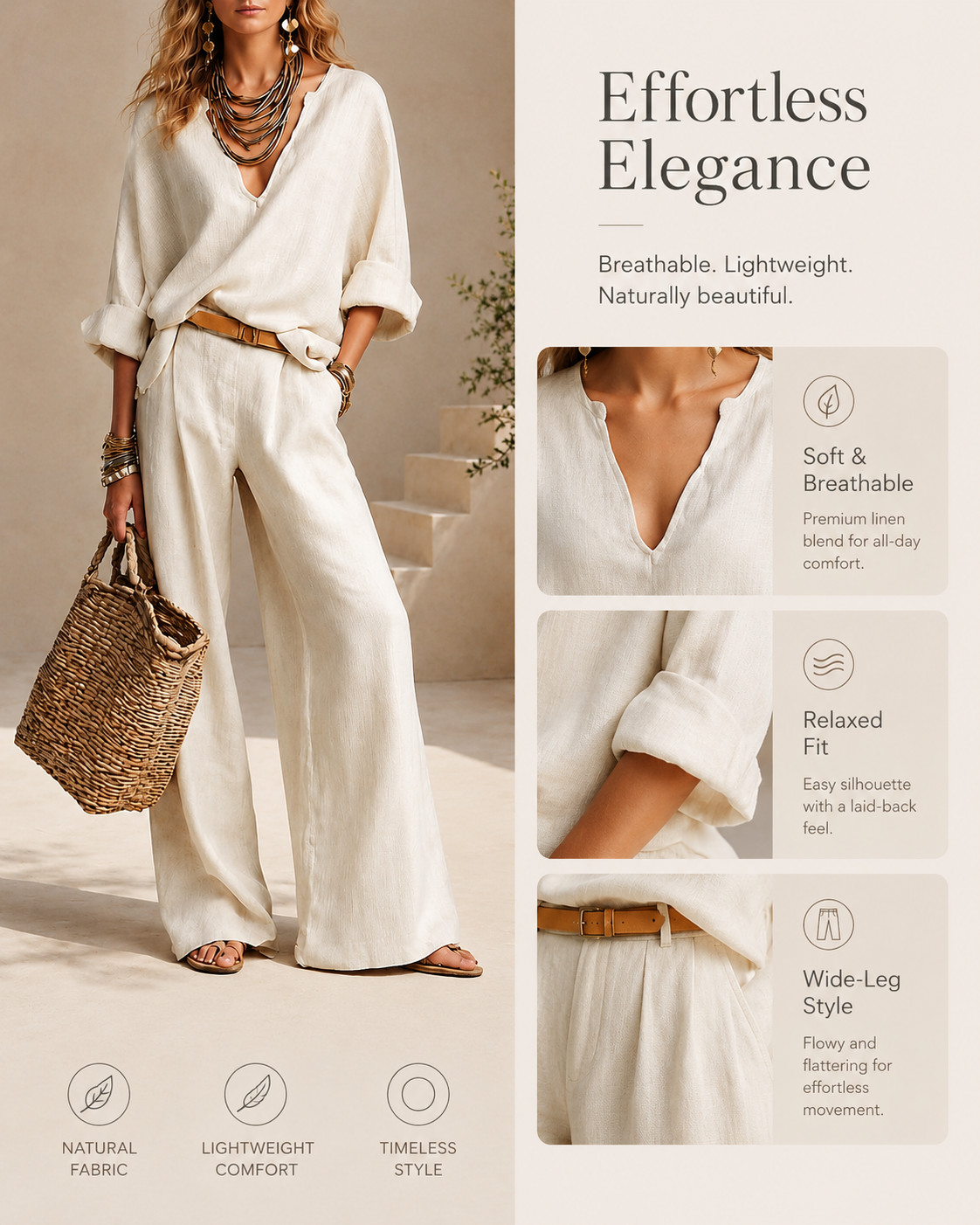 Casual V-Neck Wide Leg Two-Piece Set