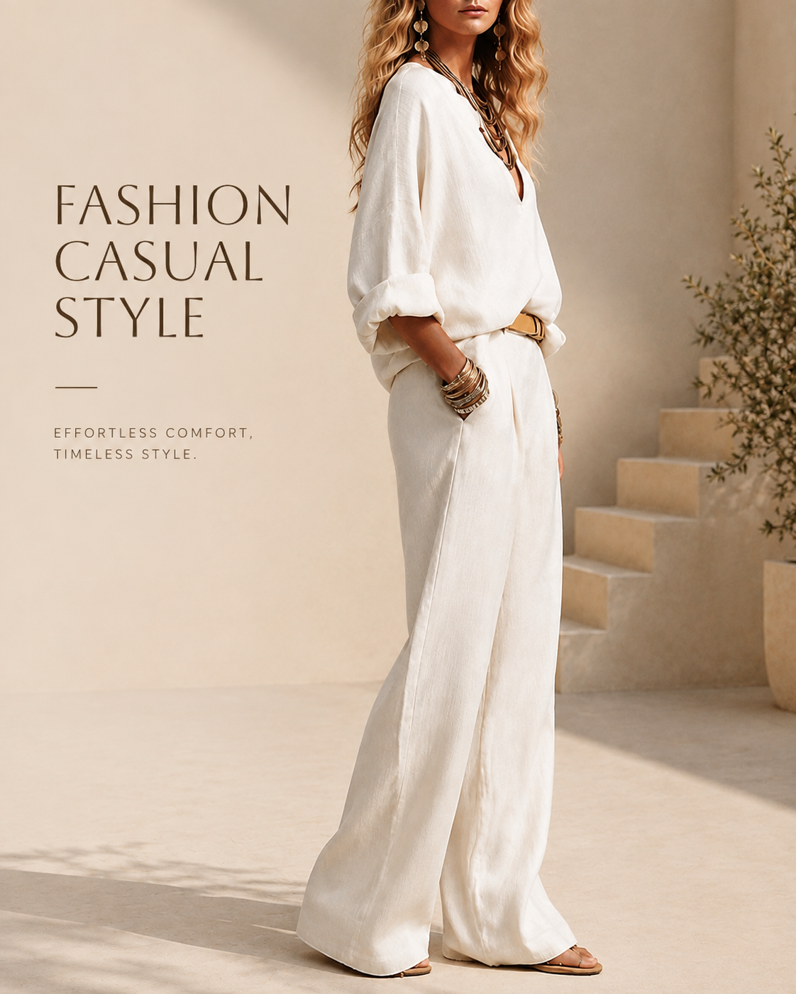 Casual V-Neck Wide Leg Two-Piece Set