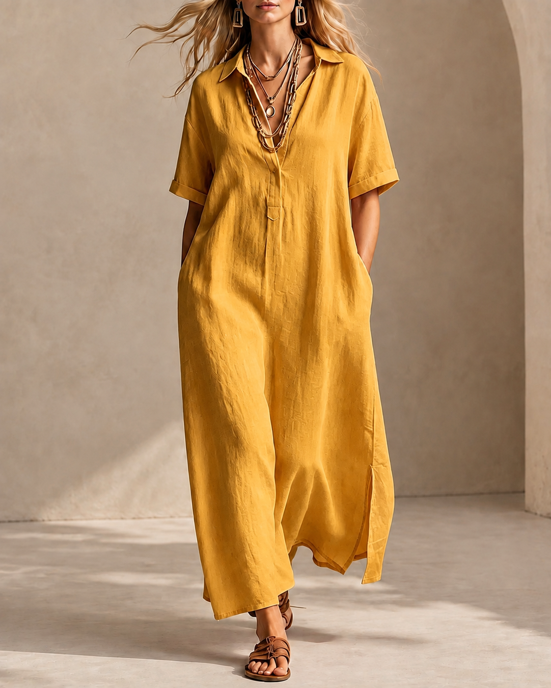 Casual Loose Collared Short Sleeve Long Dress