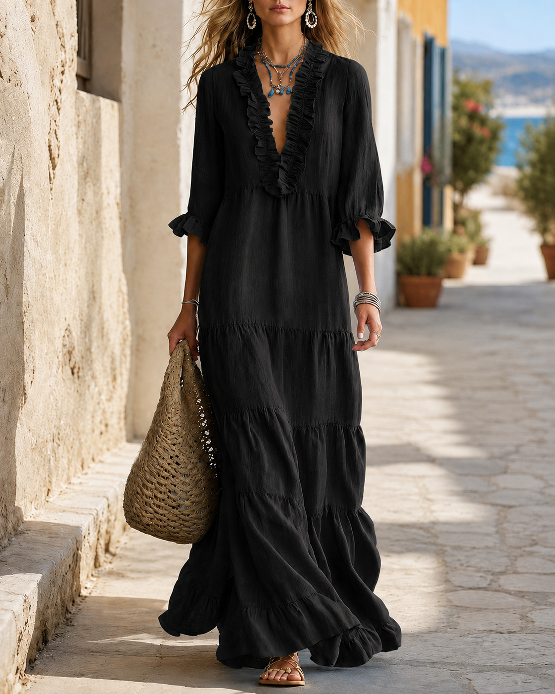 Bohemian Deep V Ruffle Casual Long Dress