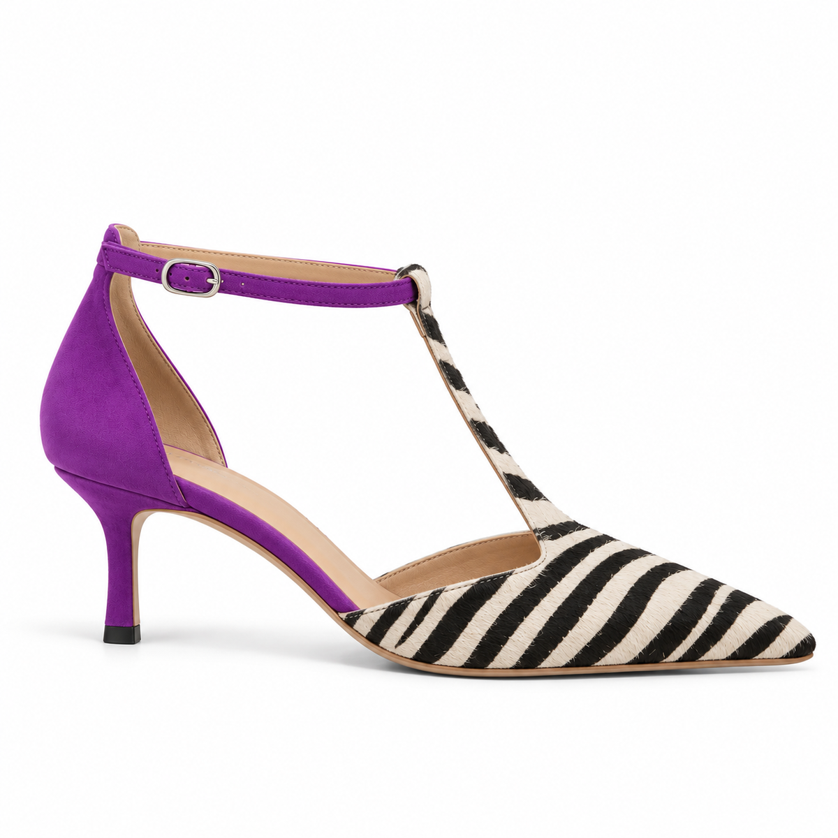Savana - Zebra Print Court Shoe with Purple Heel
