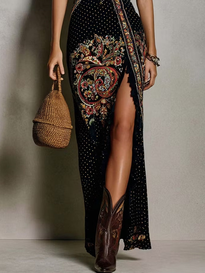 Victory | Printed bohemian style dress with plunging neckline and high slit