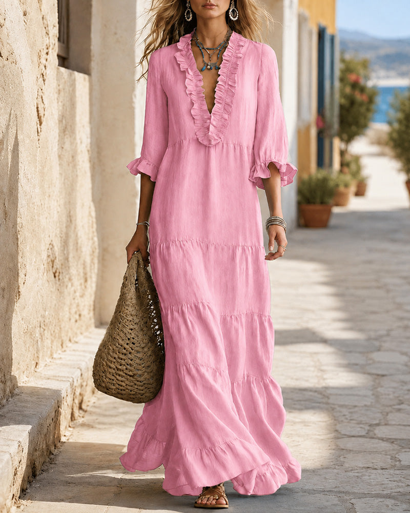 Bohemian Deep V Ruffle Casual Long Dress
