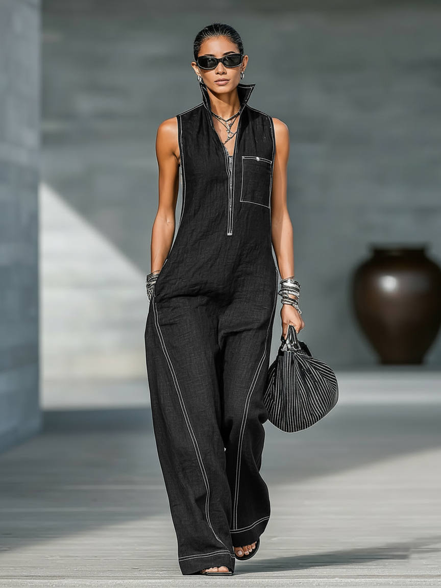 Roberta - Minimalist Sleeveless Jumpsuit with White Trim