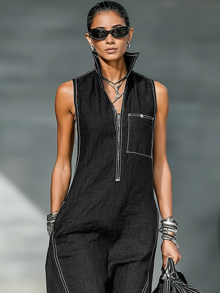 Roberta - Minimalist Sleeveless Jumpsuit with White Trim