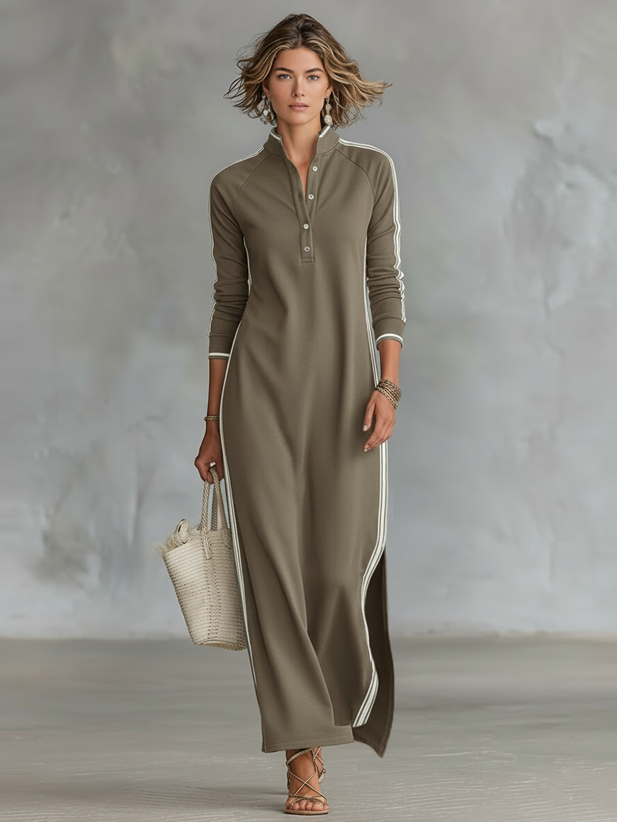 Elena - Maxi Dress in Sweatshirt Fabric with Buttoned Collar