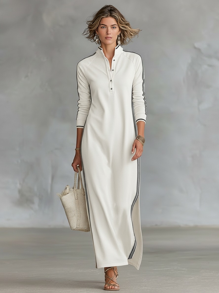 Elena - Maxi Dress in Sweatshirt Fabric with Buttoned Collar