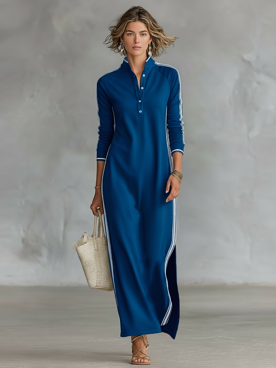 Elena - Maxi Dress in Sweatshirt Fabric with Buttoned Collar