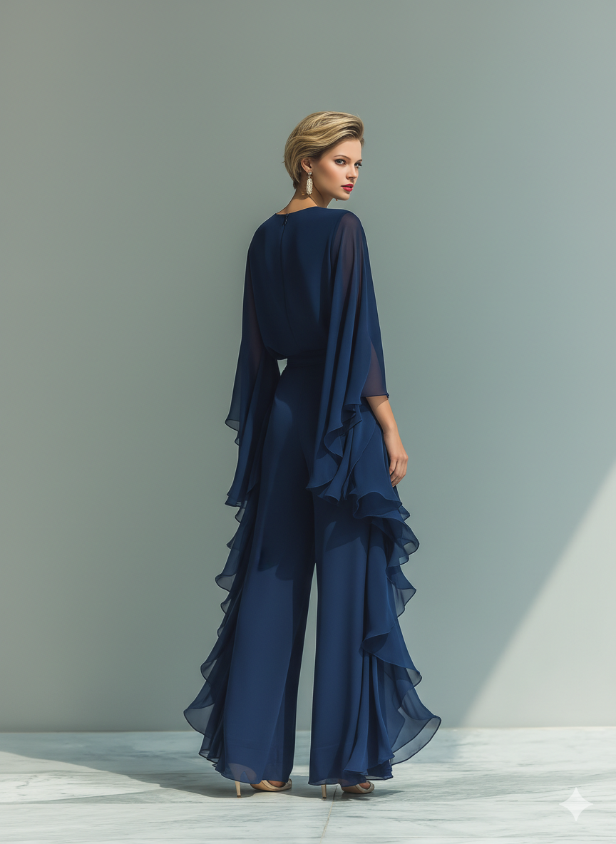 Margherita - Navy Blue Chiffon Set with Bell Sleeves and Ruffles