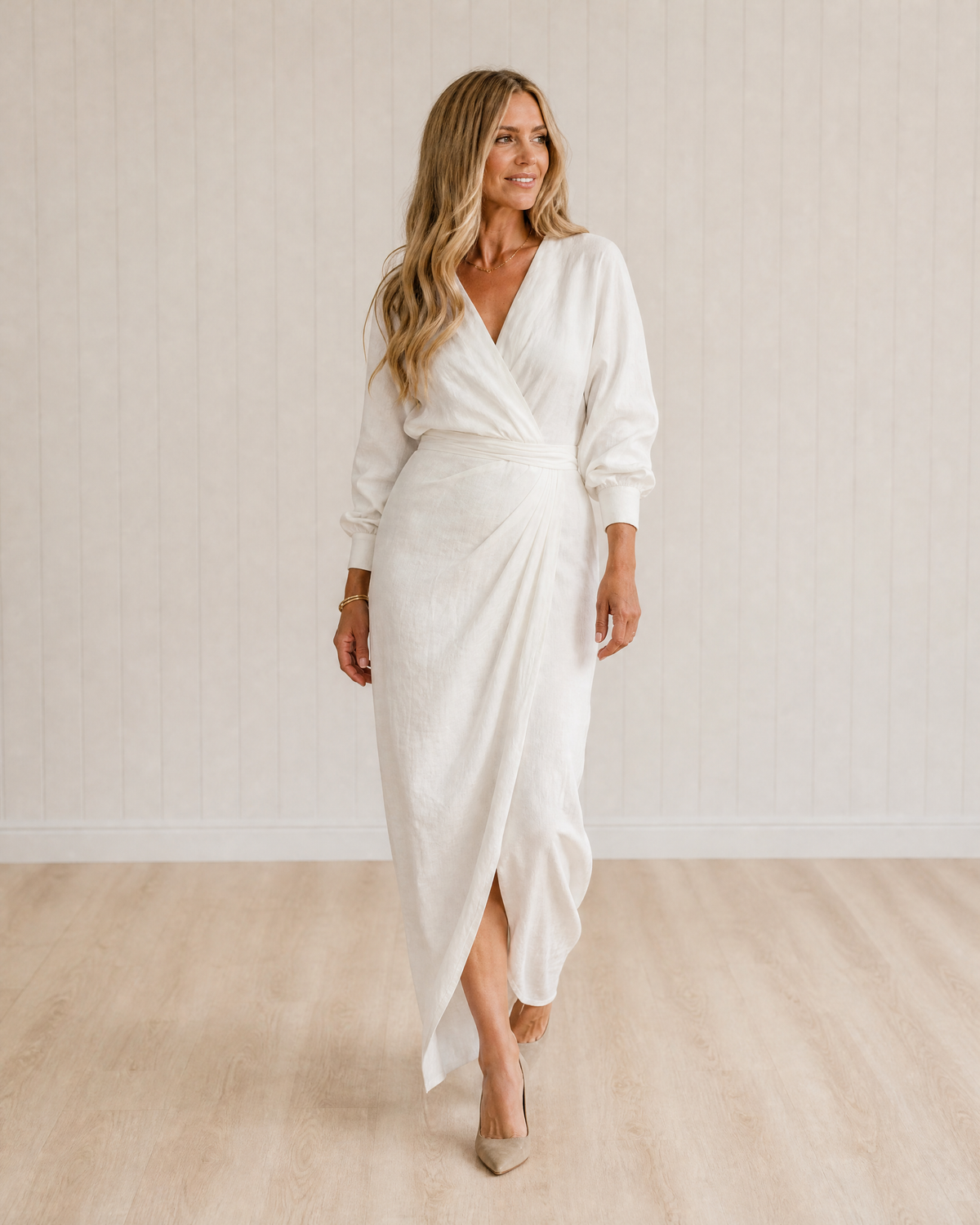 Fable Long Sleeve Wrap Overlap Skirt Midi Dress