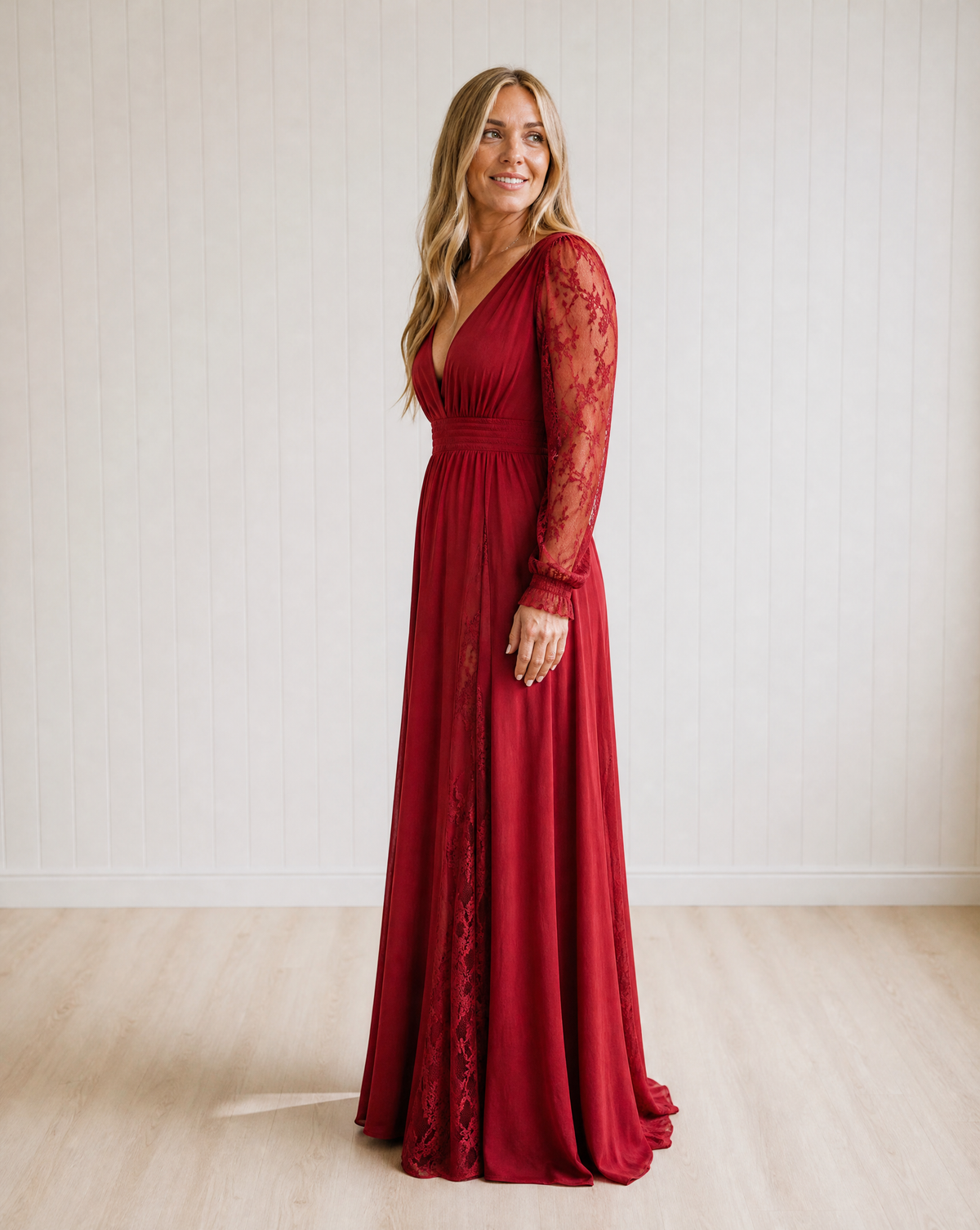 Isadora Elegant V Neck Patchwork Maxi Dress with Romantic Details