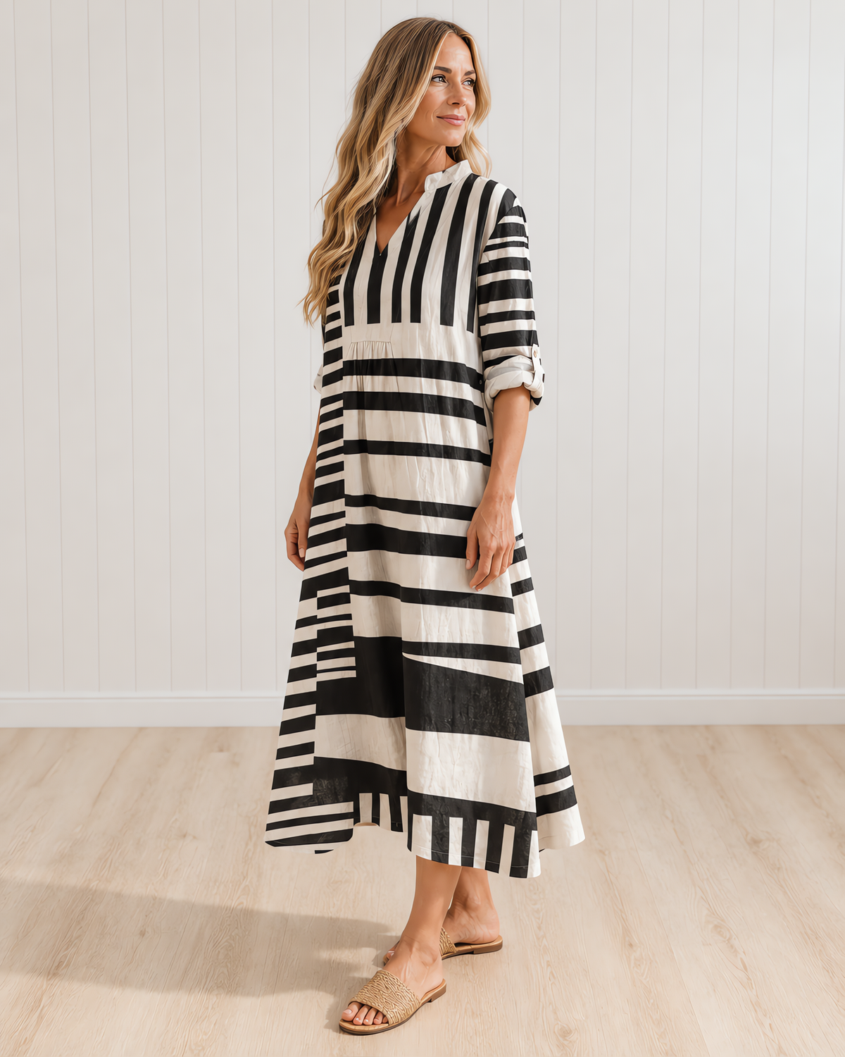 Leah Linework Striped V-Neck Dress